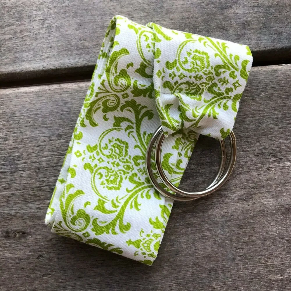 Womens Belt Chartreuse‎ Lime Green Beige Damask Fabric Wide Round Rings NEW
